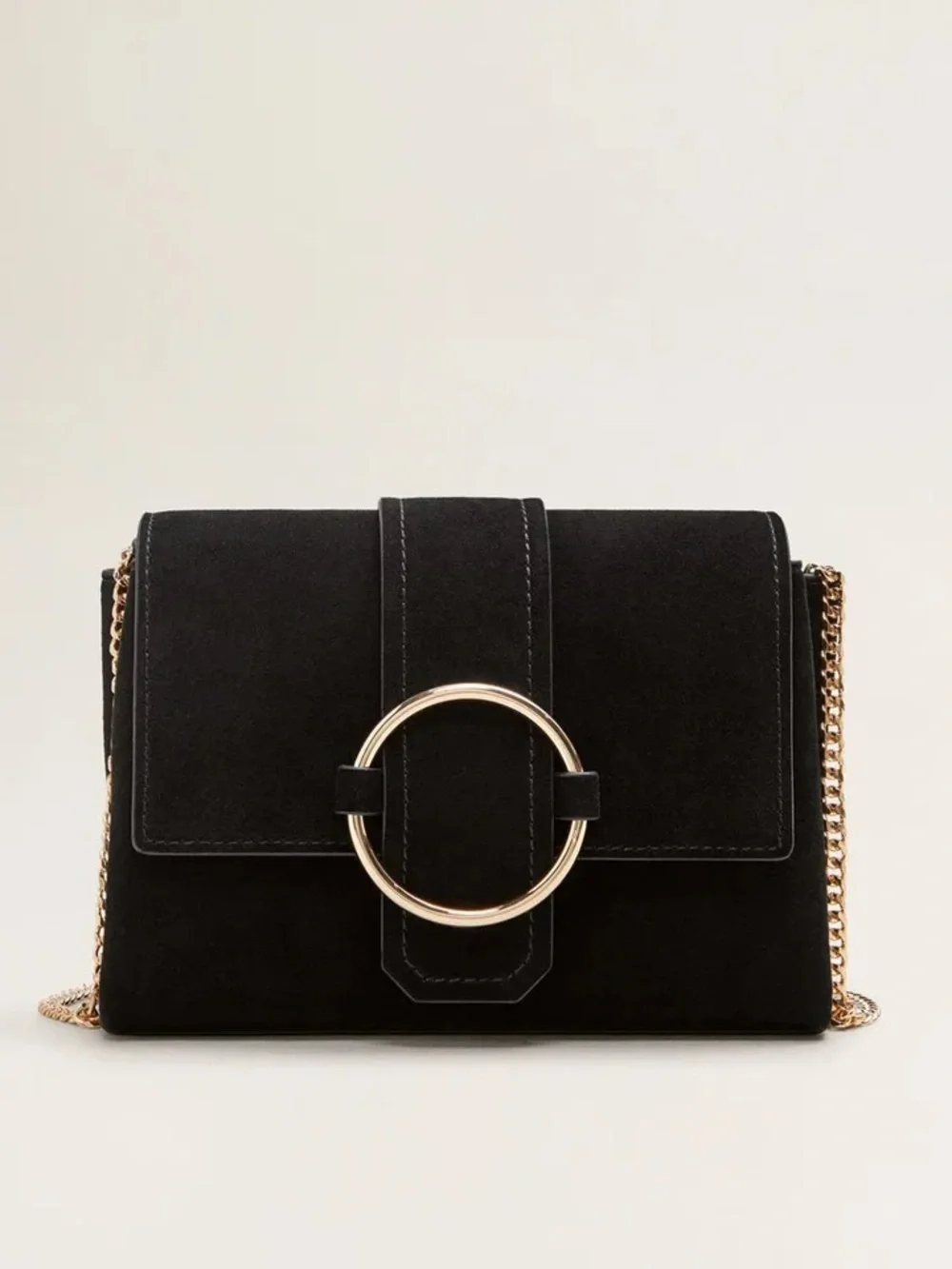 Mango Black Suede Crossbody Bag with Gold Ring Accent